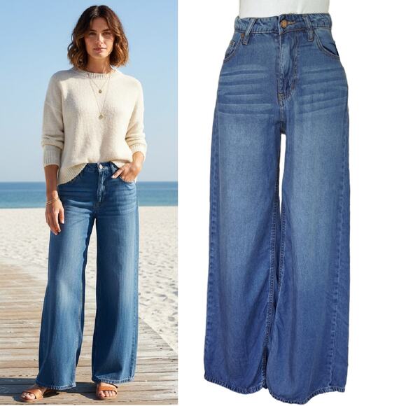 Oat New York Denim - OAT New York 100% Lyocell Palazzo Wide Leg Jeans Chambray Blue Soft Trouser